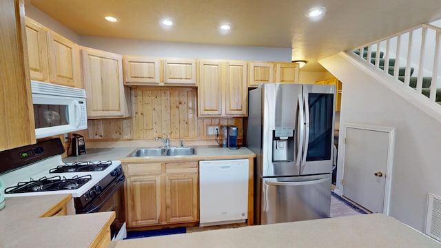 103 Alice Ave Unit B, Hamilton, MT 59840 - kitchen featuring white appliances, light brown cabinets, light countertops, and recessed lighting