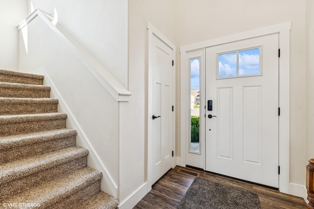 113 Mountain Vista Ct, Kalispell, MT 59901 - entryway with stairs, dark wood-type flooring, and baseboards