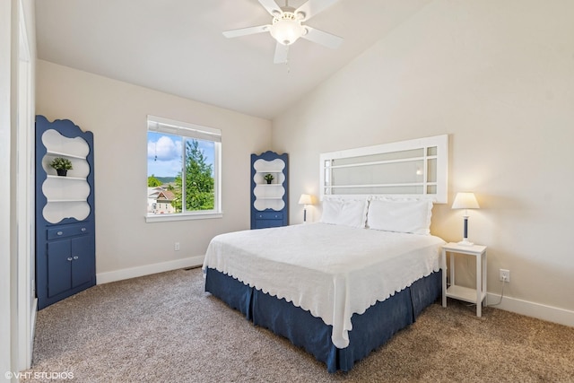 113 Mountain Vista Ct, Kalispell, MT 59901 - bedroom featuring carpet flooring, baseboards, vaulted ceiling, and a ceiling fan