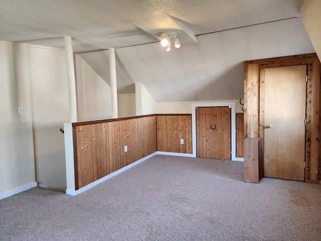 406 W 1st St W, Whitehall, MT 59759 - additional living space with carpet, a textured ceiling, wainscoting, wooden walls, and vaulted ceiling