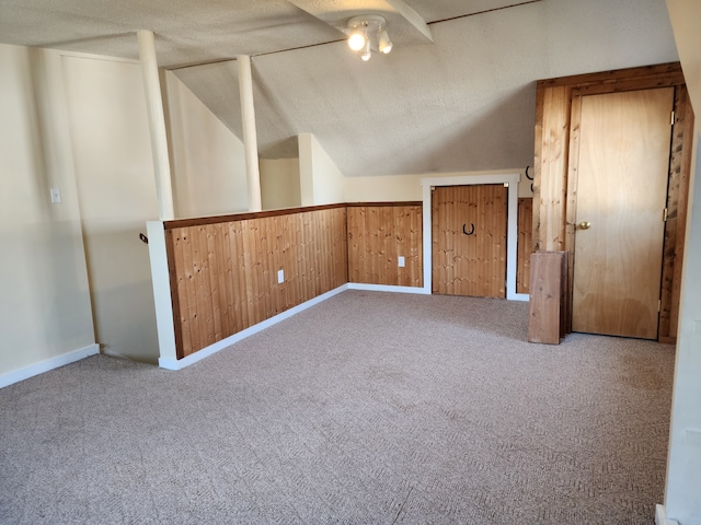 406 W 1st St W, Whitehall, MT 59759 - additional living space featuring lofted ceiling, wood walls, a textured ceiling, carpet flooring, and baseboards