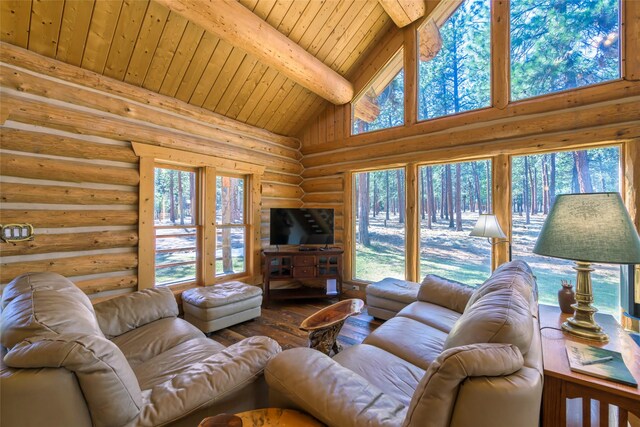 807 Pheasant Run, Hamilton, MT 59840 - living room featuring hardwood / wood-style floors, wooden ceiling with exposed beams, rustic walls, and high vaulted ceiling