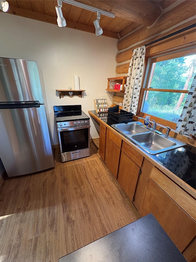 807 Pheasant Run, Hamilton, MT 59840 - kitchen featuring appliances with stainless steel finishes, light wood-style floors, rail lighting, a sink, and wood ceiling with exposed beams