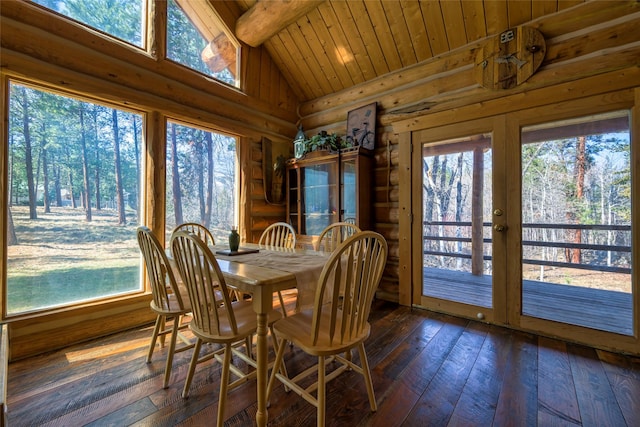807 Pheasant Run, Hamilton, MT 59840 - dining area featuring rustic walls, wood ceiling, dark wood-style floors, and french doors