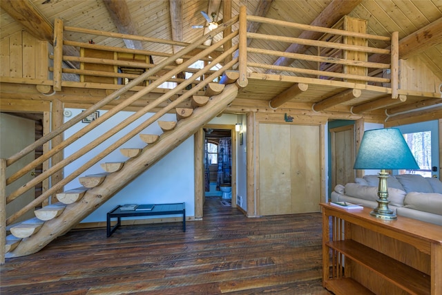807 Pheasant Run, Hamilton, MT 59840 - unfurnished living room featuring wood ceiling, hardwood / wood-style flooring, and stairs