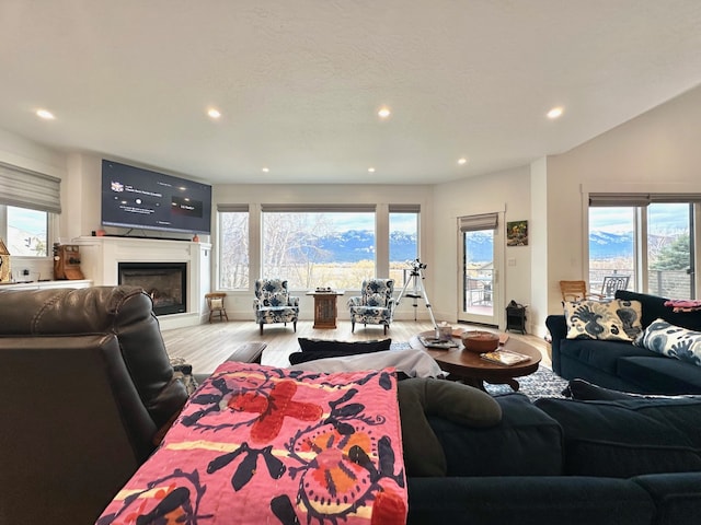 113 Mission Bay Dr, Polson, MT 59860 - living area featuring wood finished floors, healthy amount of natural light, recessed lighting, and a glass covered fireplace