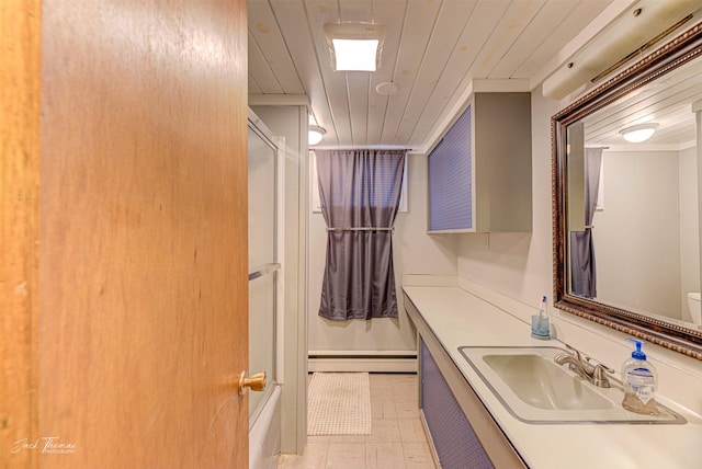 4212 W US Highway 12, Helena, MT 59601 - full bathroom with a baseboard heating unit, vanity, wooden ceiling, combined bath / shower with glass door, and tile patterned floors
