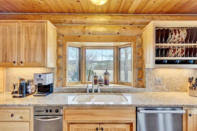 1130 Hegson Dr, Stevensville, MT 59870 - kitchen featuring dishwasher, a sink, log walls, light brown cabinetry, and wooden ceiling