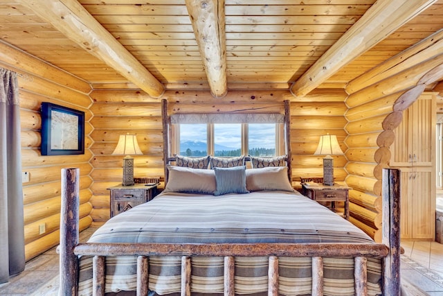 1130 Hegson Dr, Stevensville, MT 59870 - bedroom featuring log walls, wood ceiling with exposed beams, and light wood-type flooring