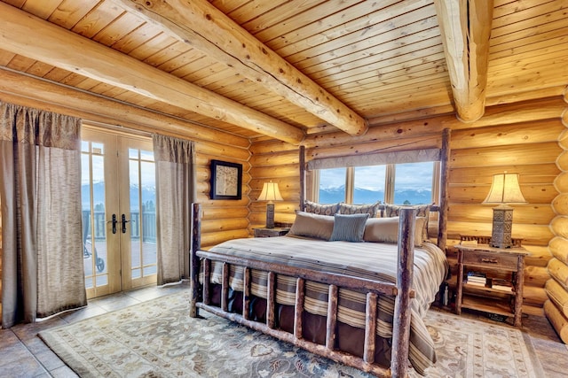 1130 Hegson Dr, Stevensville, MT 59870 - bedroom featuring rustic walls, french doors, and wood ceiling with exposed beams