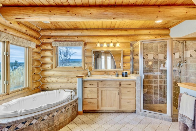 1130 Hegson Dr, Stevensville, MT 59870 - full bathroom featuring vanity, wooden ceiling with exposed beams, a bath, tile patterned flooring, and plenty of natural light