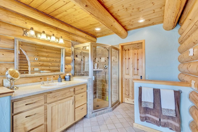 1130 Hegson Dr, Stevensville, MT 59870 - bathroom featuring log walls, wooden ceiling with exposed beams, vanity, a shower stall, and tile patterned floors