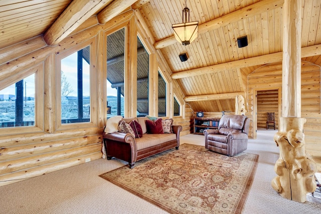 1130 Hegson Dr, Stevensville, MT 59870 - living room featuring rustic walls, carpet, and wood ceiling