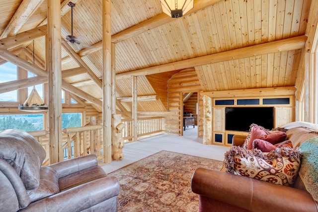 1130 Hegson Dr, Stevensville, MT 59870 - carpeted living room with rustic walls and wooden ceiling