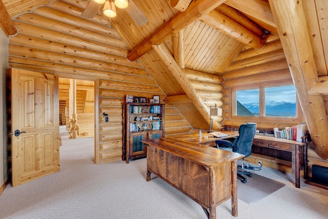1130 Hegson Dr, Stevensville, MT 59870 - carpeted home office featuring rustic walls and wooden ceiling