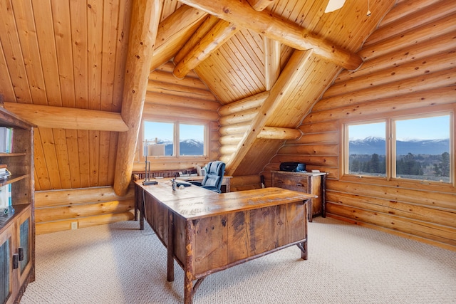 1130 Hegson Dr, Stevensville, MT 59870 - office area with carpet flooring, log walls, a mountain view, and wood ceiling with exposed beams