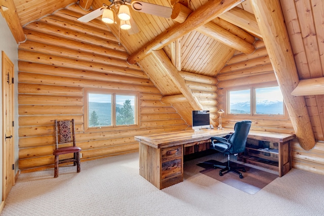 1130 Hegson Dr, Stevensville, MT 59870 - office area with log walls, carpet flooring, wood ceiling, and ceiling fan
