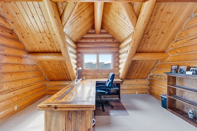 1130 Hegson Dr, Stevensville, MT 59870 - office space featuring carpet, log walls, and wooden ceiling