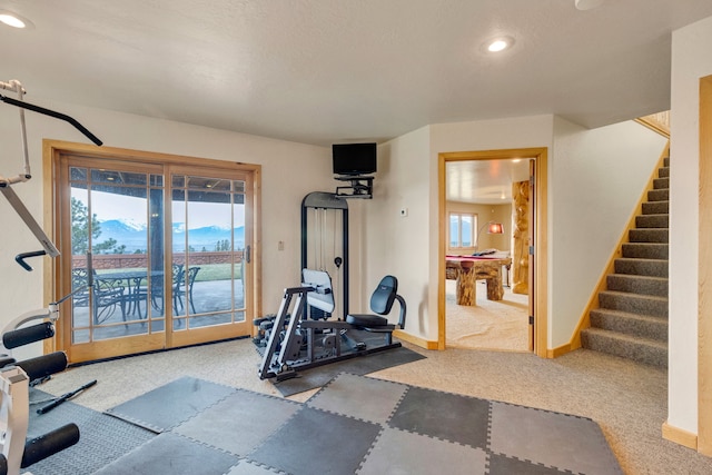 1130 Hegson Dr, Stevensville, MT 59870 - workout area featuring carpet flooring, baseboards, and recessed lighting
