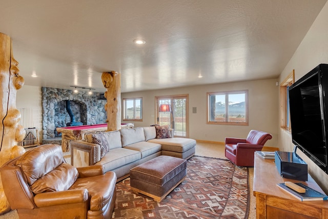 1130 Hegson Dr, Stevensville, MT 59870 - carpeted living area with a wood stove, plenty of natural light, track lighting, baseboards, and recessed lighting
