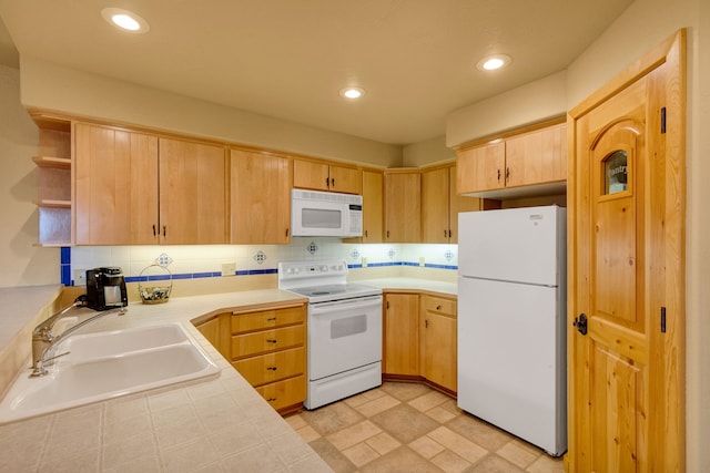 1130 Hegson Dr, Stevensville, MT 59870 - kitchen featuring white appliances, a sink, open shelves, light brown cabinetry, and tile counters