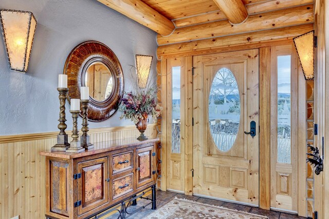 1130 Hegson Dr, Stevensville, MT 59870 - foyer entrance featuring a textured wall, wooden walls, wooden ceiling with exposed beams, and wainscoting