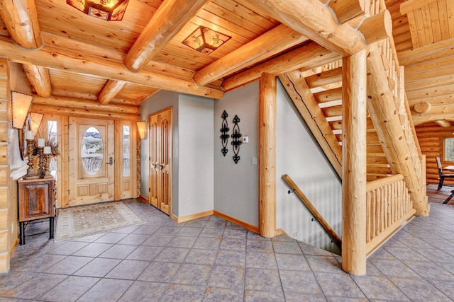 1130 Hegson Dr, Stevensville, MT 59870 - entryway with wood ceiling with exposed beams, log walls, and baseboards