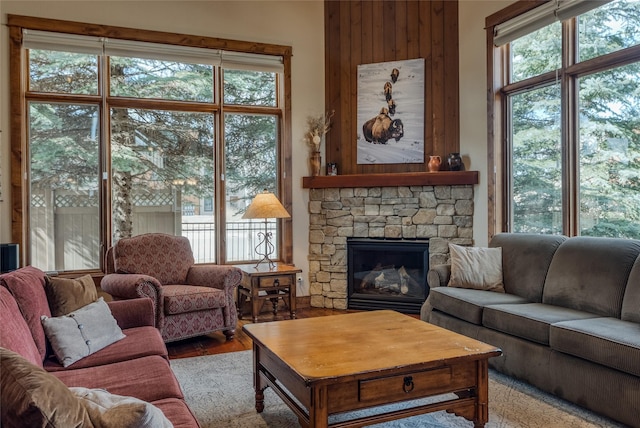 1 Rock Creek Ct, Whitefish, MT 59937 - living room featuring plenty of natural light, a stone fireplace, and wood finished floors