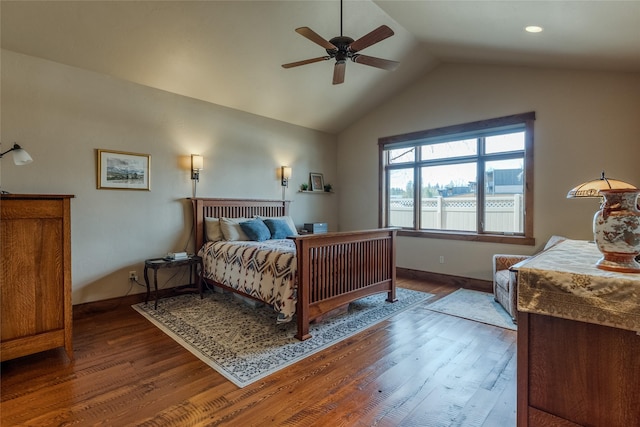 1 Rock Creek Ct, Whitefish, MT 59937 - bedroom featuring wood finished floors, lofted ceiling, baseboards, ceiling fan, and recessed lighting