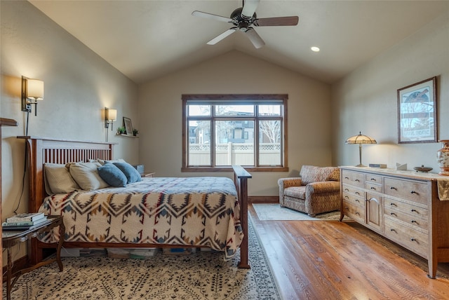 1 Rock Creek Ct, Whitefish, MT 59937 - bedroom with light wood-style flooring, vaulted ceiling, ceiling fan, and recessed lighting