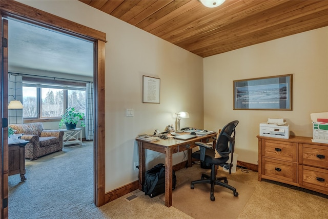 1 Rock Creek Ct, Whitefish, MT 59937 - office area with light carpet, wood ceiling, and baseboards