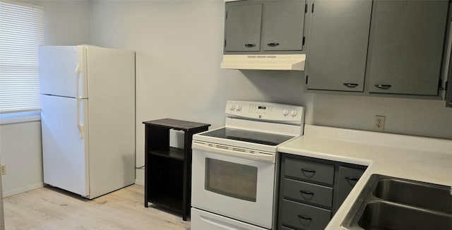 1318 Cole Ave, Helena, MT 59601 - kitchen with white appliances, under cabinet range hood, light wood-type flooring, gray cabinets, and a sink