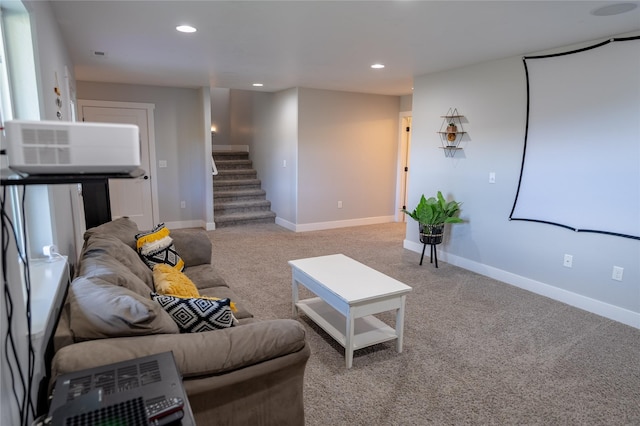 9 Ridge View Cir, Montana City, MT 59634 - living area with carpet flooring, stairway, recessed lighting, and a wall mounted AC