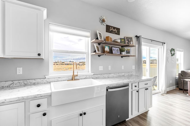 2009 Meriwether Ct, Great Falls, MT 59405 - kitchen with open shelves, stainless steel dishwasher, a sink, white cabinets, and wood finished floors