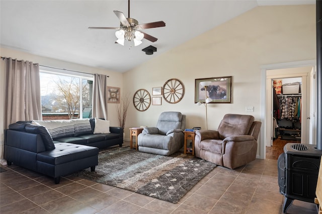 552 Pat Ln, Stevensville, MT 59870 - tiled living area featuring high vaulted ceiling and ceiling fan
