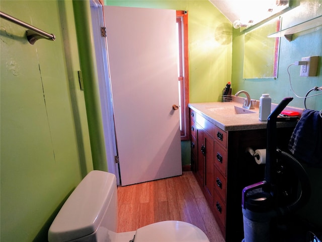 bathroom with toilet, a shower, vanity, and wood finished floors