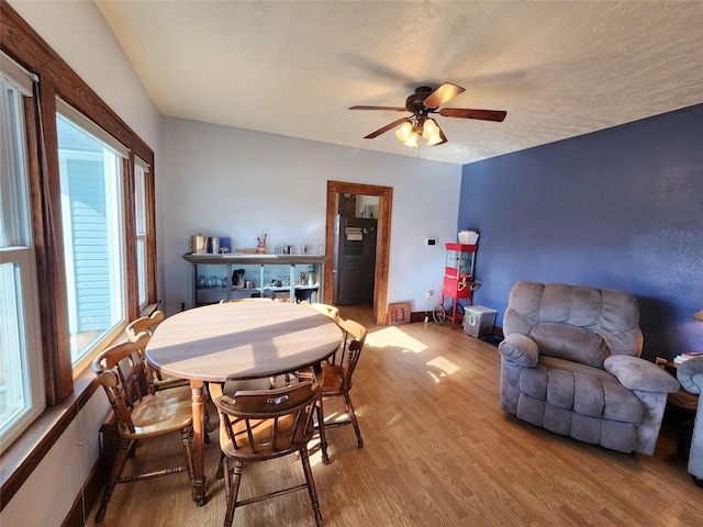 dining space with baseboards, wood finished floors, ceiling fan, and a textured ceiling