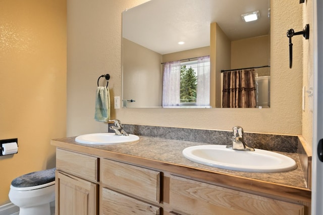369 Gold Ct, Florence, MT 59833 - bathroom with double vanity, a shower with curtain, and a textured wall