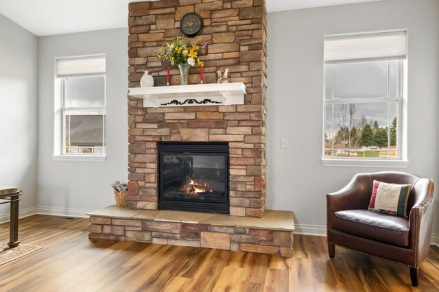369 Gold Ct, Florence, MT 59833 - living room with wood finished floors, baseboards, and a fireplace
