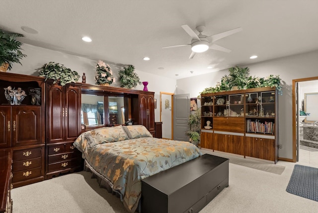 229AND231 Harbor Dr, Bigfork, MT 59911 - bedroom featuring recessed lighting, light carpet, ensuite bath, and ceiling fan