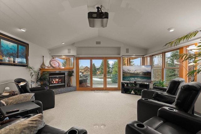 229AND231 Harbor Dr, Bigfork, MT 59911 - living room with carpet flooring, lofted ceiling, and a premium fireplace