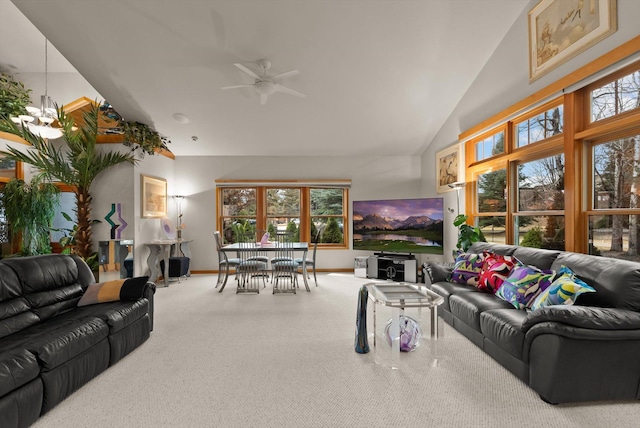 229AND231 Harbor Dr, Bigfork, MT 59911 - carpeted living area with ceiling fan and high vaulted ceiling