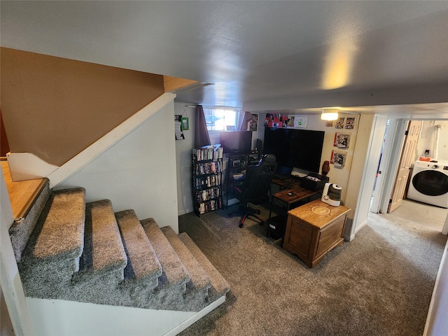 3301 1st Ave N, Great Falls, MT 59401 - carpeted living area with washer / clothes dryer, stairway, and an office area