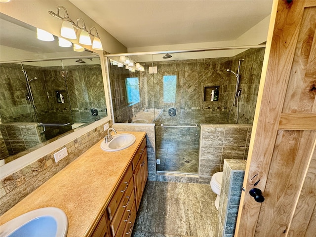 19066 King Rd, Florence, MT 59833 - bathroom with double vanity and a shower stall