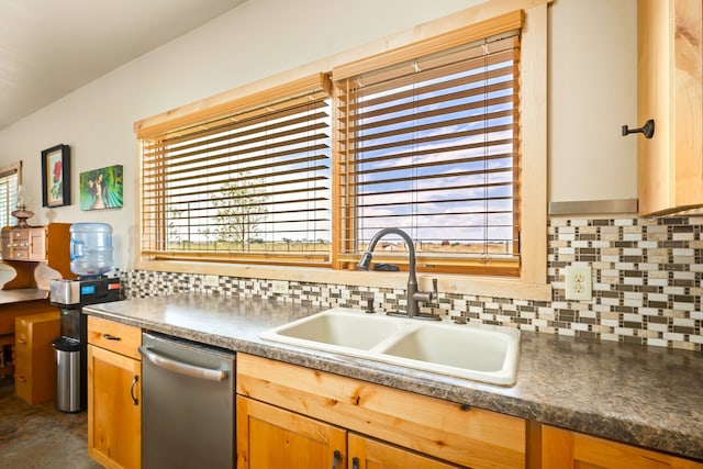 kitchen with stainless steel dishwasher, decorative backsplash, a sink, and a healthy amount of sunlight