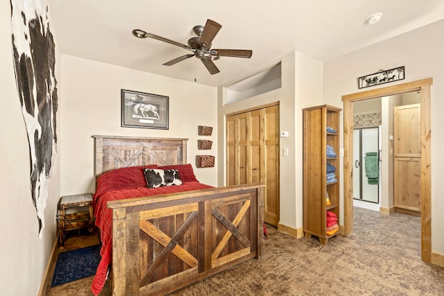 bedroom featuring baseboards, carpet floors, and a ceiling fan