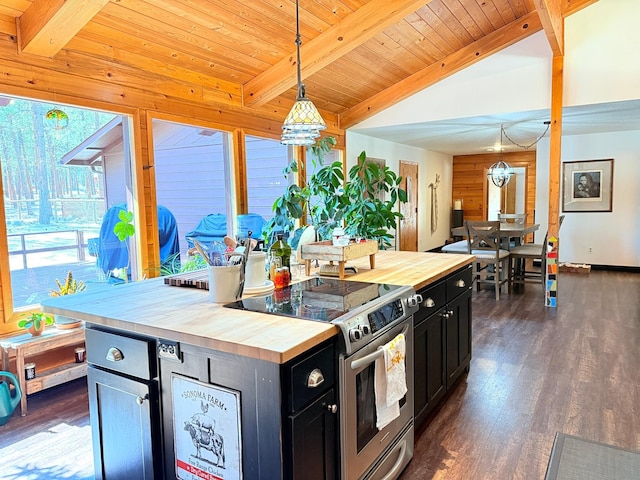 675 Bobcat Ln, Hamilton, MT 59840 - kitchen with dark wood-style flooring, electric range, butcher block countertops, and dark cabinets