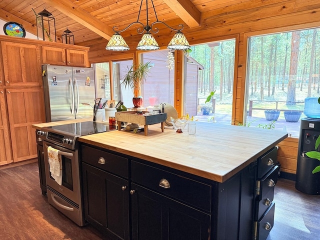 675 Bobcat Ln, Hamilton, MT 59840 - kitchen featuring dark cabinets, wood ceiling, appliances with stainless steel finishes, and wooden counters