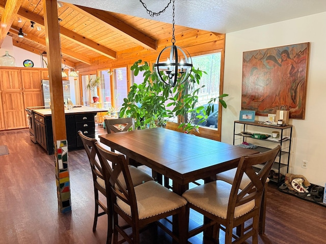 675 Bobcat Ln, Hamilton, MT 59840 - dining room with an inviting chandelier, wood ceiling, plenty of natural light, and dark wood-style floors