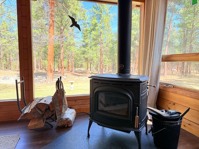 675 Bobcat Ln, Hamilton, MT 59840 - details featuring a wood stove and wood finished floors